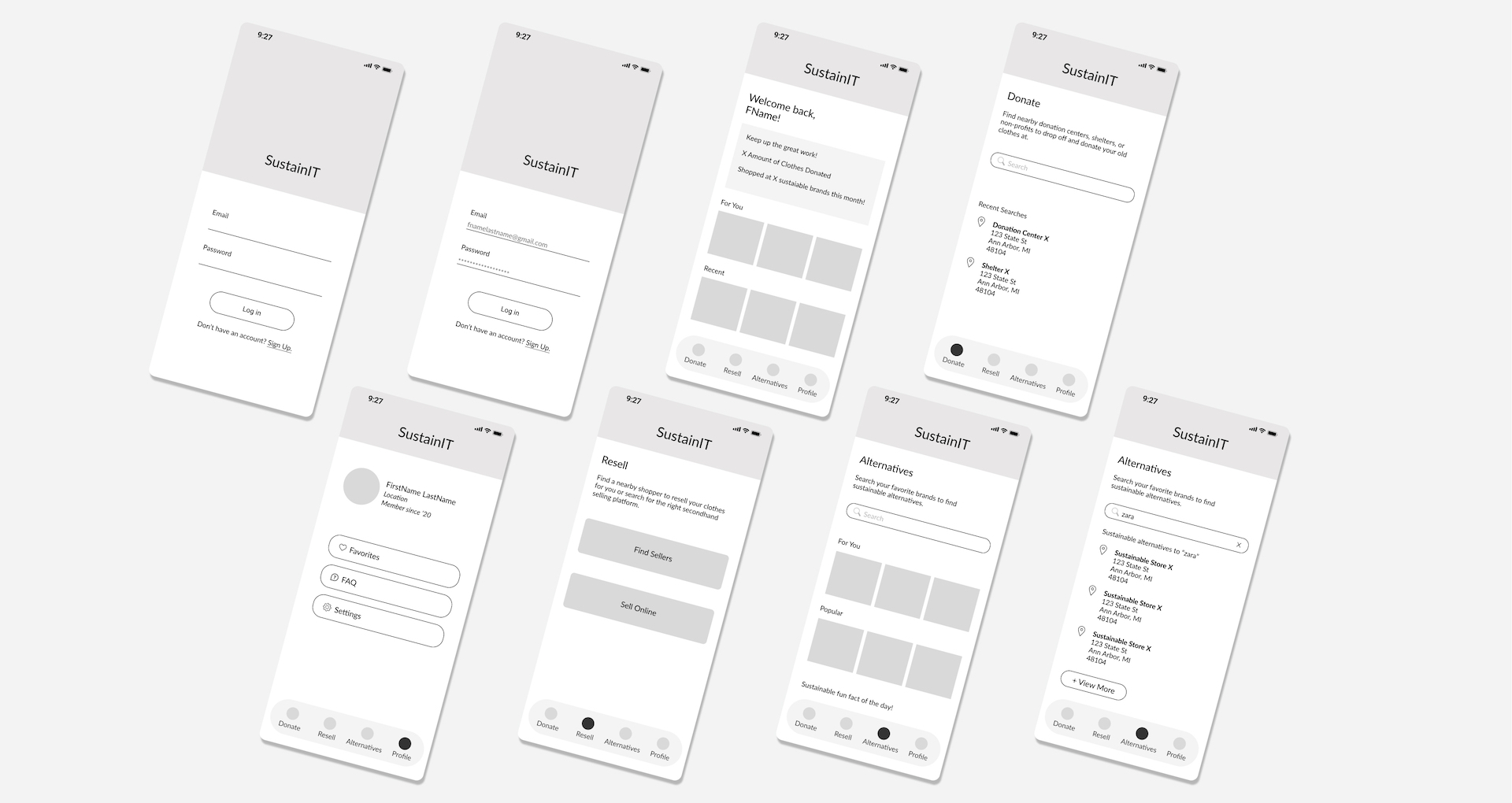 Wireframes stacked in black and white